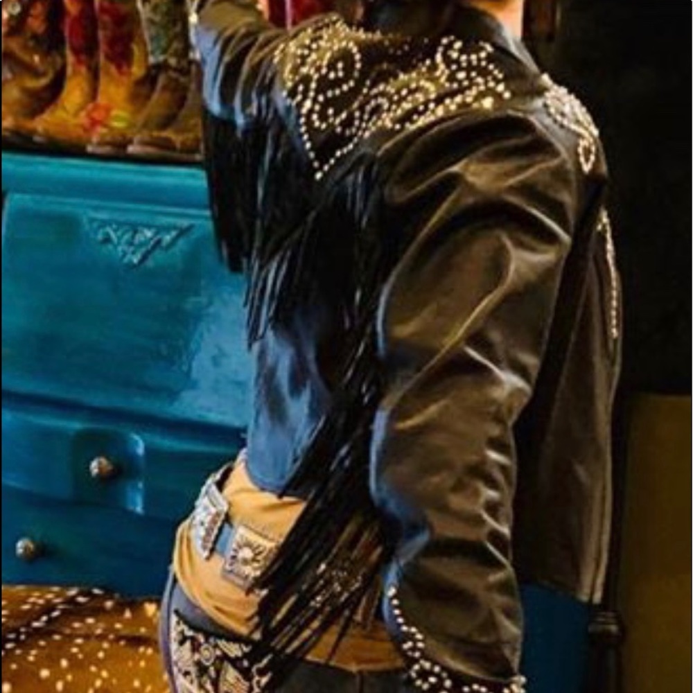 Kippys Embellished Black Leather Fringed Jacket